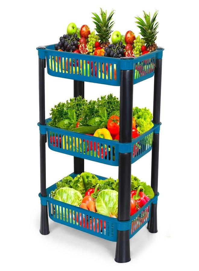 Black Olive Plastic Storage Organiser Rack - Multipurpose 3 Layer Kitchen Shelf Stand with Vegetable Baskets for Potato, Onion, & Stationery, Space Saving Storage Rack for Home, Office & Balcony(Blue) - Image 3